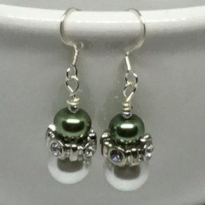 Green & White Pearl w Rhinestone Earrings